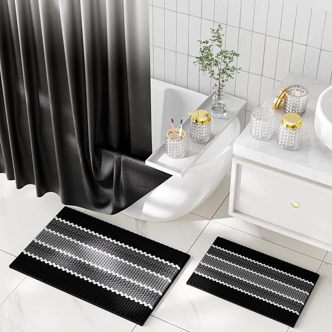 Bathroom Sets with Shower Curtain and Rugs and Accessories, Glass Bathroom Accessories Set Clear Bathroom Set Bathroom Sets, Black Bath Mat and Diamond Soap Dispenser for Bathroom Decor
