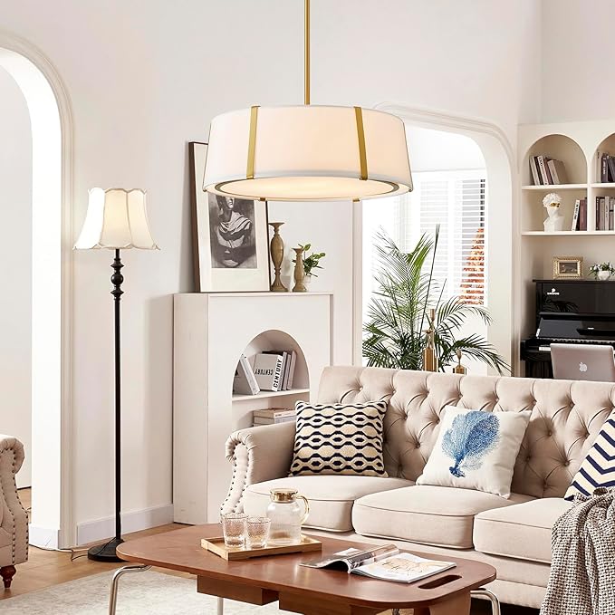 Shrine Lighting Drum Chandeliers, Modern Style, Drum Pendant Light for Living Space, D18'' x H6'', Adjustable Chains 39.4'', E12*4 Sockets, White Lampshade & Brass Finish