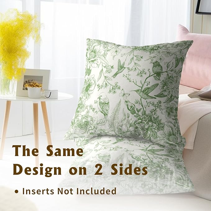 Vintage Floral Throw Pillow Covers 22x22 Inch, Set of 2 Green White Chinoiserie Flowers Square Pillowcases Soft Cotton Cushion Cover for Couch Bed Sofa Car Home Decoration