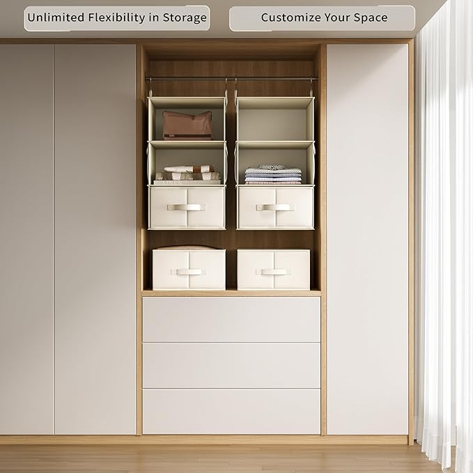 Vailando 3-Shelf Hanging Closet Organizer, Set of 2 Hanging Shelves with 2 Drawers for Wardrobe, Nursery, Baby Clothes Storage and Organization, Beige