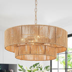 Boho Rattan Chandelier, 17.71” Rattan Pendant Light 4-Light with 2-Tier Hand-Woven Shade, Farmhouse Ceiling Light Fixture Chandeliers for Dining Living Room Bedroom Kitchen Island, UL-Listed