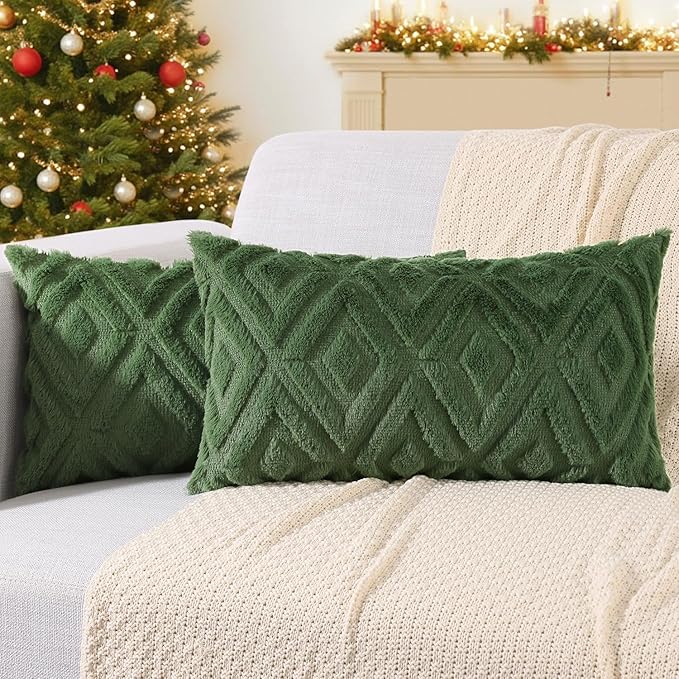 decorUhome Christmas Couch Throw Pillow Covers 12x20 Set of 2, Decorative Soft Plush Faux Wool Lumbar Neutral Accent Pillow Covers for Bed Sofa Living Room, Forest Elf