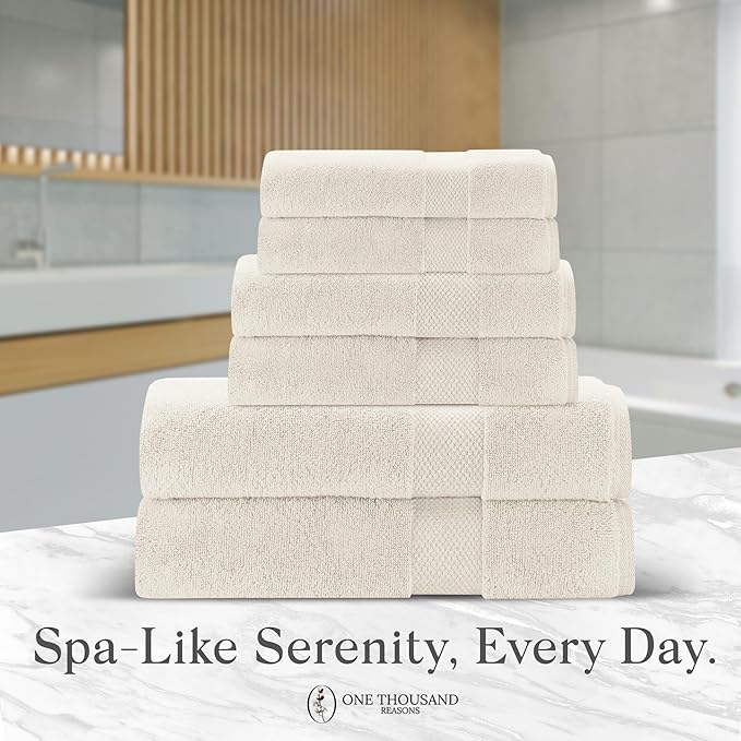 Premium Staple Cotton Bathroom Towel Set - Beige 600 GSM 6-Piece Luxury Bath Towel Set 1 Stripe - 2 Bath Towels, 2 Hand Towels & 2 Washclothes Set - High Absorbent & Quick Dry for Gym, Spa, Hotel