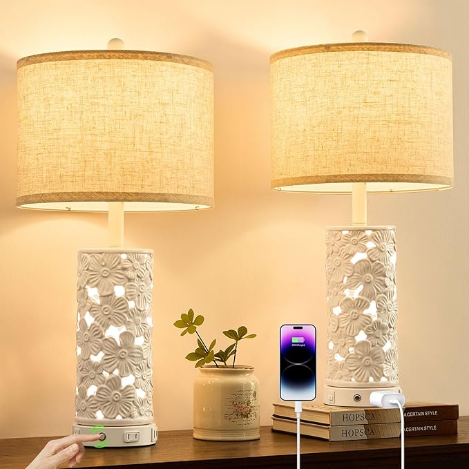 26.5" Farmhouse Table Lamp Set of 2, 3-Way Dimmable Touch Control Bedside Lamps Vintage Rustic Side Table Nightstand Lamps for Bedroom Living Room Study Room (Ceramic-2 Pack)
