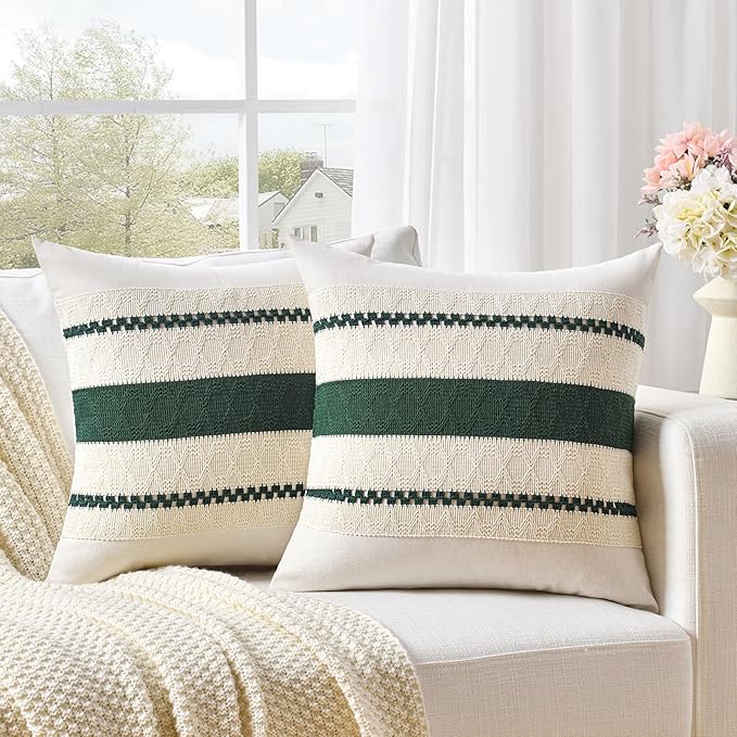 Fancy Homi Set of 2 Dark Green Boho Decorative Throw Pillow Covers 22x22 Inch for Couch Bed Sofa Bedroom Indoors, Modern Farmhouse Vintage Forest Green Living Room Decor
