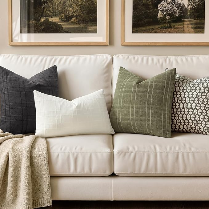 MIULEE Decorative Linen Check Euro Shams Throw Pillow Covers Neutral Farmhouse Vintage Pillow Covers 24x24 Set of 2 Boho Modern Home Decor for Sofa Couch Bedroom Cushion Sage Green