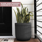 Ilyapa 14 Inch Large Fluted Modern Concrete Planter - 14x14 Inch Indoor Plant Pots with Drainage - Large Black Planters for Indoor/Outdoor Use