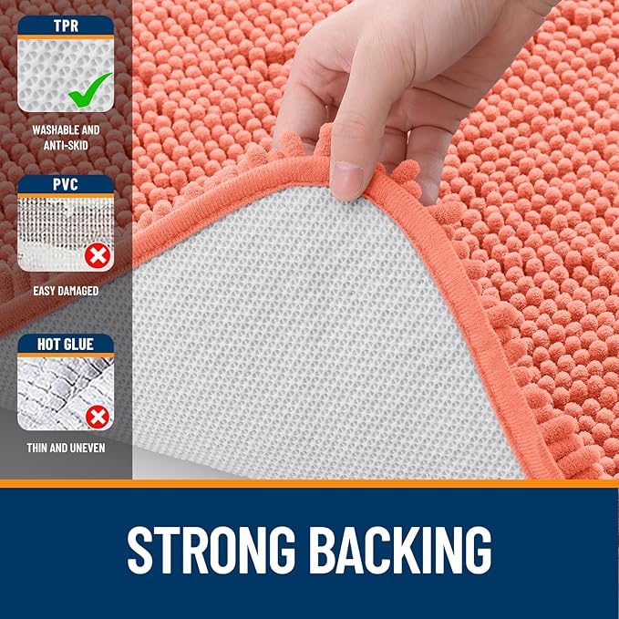 OLANLY Bathroom Rugs 47x17, Extra Soft Absorbent Chenille Bath Rugs, Rubber Backing Quick Dry, Machine Washable Bath Mats for Bathroom Floor, Tub and Shower, Home Decor Accessories, Coral
