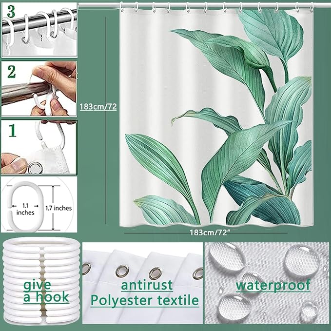 Shower Curtain, Banana Leaf Shower Curtain Fabric Green Leaf Shower Curtain, Weighted Hem, with 12 Hooks, Shower Curtains for Bathroom Waterproof Shower Curtain (72 "X 72")