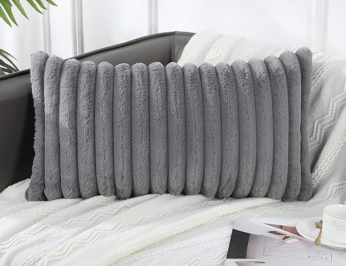 PANOD Faux Fur Decorative Long Lumbar Throw Pillow Covers 14 x 22,Boho Long Lumbar Pillow Covers Pillow Case Cushion Cover for Bed Sofa Farmhouse Livingroom,Grey
