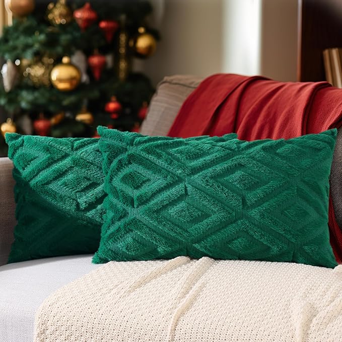 Pallene Christmas Green Throw Pillow Covers 12x20 Set of 2, Soft Plush Faux Fur Decorative Lumbar Couch Pillow Covers for Sofa Bed Living Room Pillow Cases with 3D Diamond Pattern