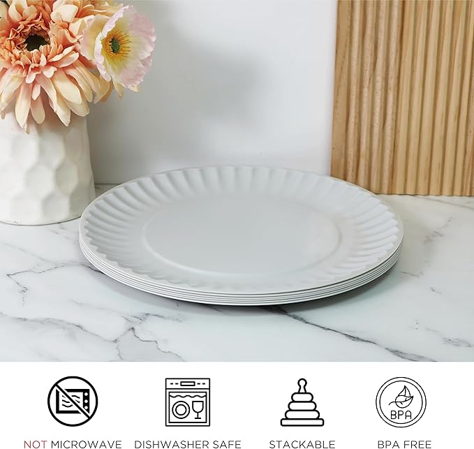 TP 6-Piece Melamine Plates Set, 10.5-Inch Reusable Dinner Plates for Picnic, Party, BBQ & Camping, Dishwasher Safe Lightweight Tableware, Grey