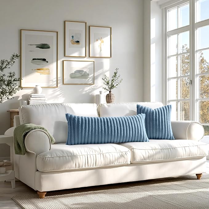MIULEE Faux Fur Decorative Throw Pillow Covers 18x18 Inch Set of 2, Coastal Modern Art Home Decor Soft Plush Couch Pillows Cozy Fluffy Cushion Covers for Sofa Bed Grey Blue