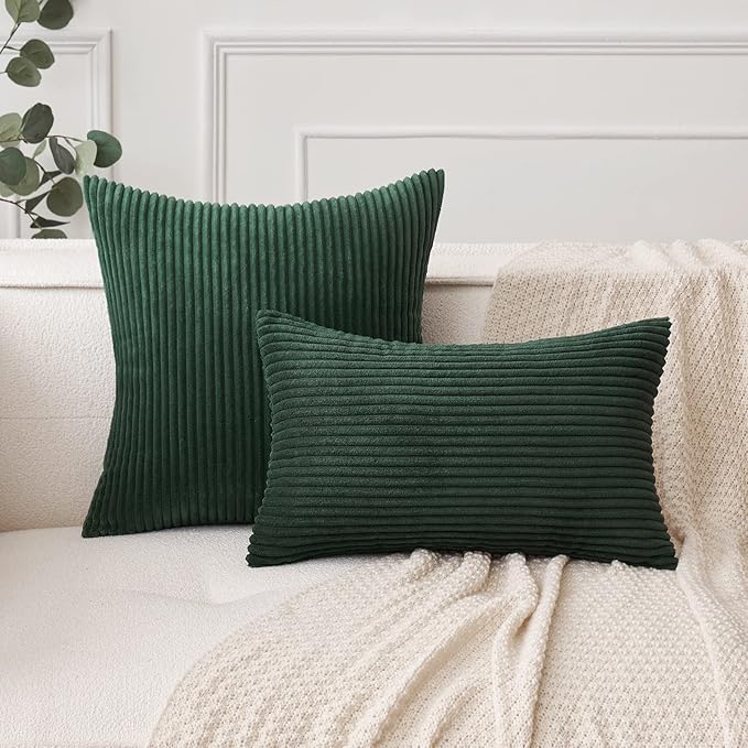 MIULEE Pack of 2 Army Green Corduroy Pillow Covers Soft Soild Striped Throw Pillow Covers Set Decorative Square Cushion Cases Pillowcases for Spring Sofa Bedroom Couch 20 x 20 Inch