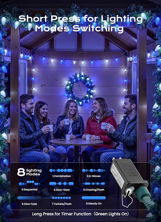 C9 Christmas Lights Outdoor, 100 FT 150 LED Connectable C9 String Lights with 8 Modes and Timer Xmas Tree Patio Roofline Garden Yard Holiday Party Indoor Outdoor Decoration, Blue and White
