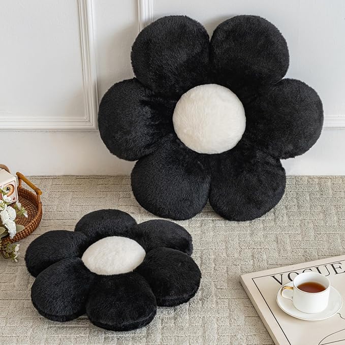 Xiashrk Flower Pillows, Decorative Pillows for Couch, Cute Daisy Pillow for Bed, Flower Shaped Decorative Throw Pillow Room Decor (Black, 14.9 Inches)