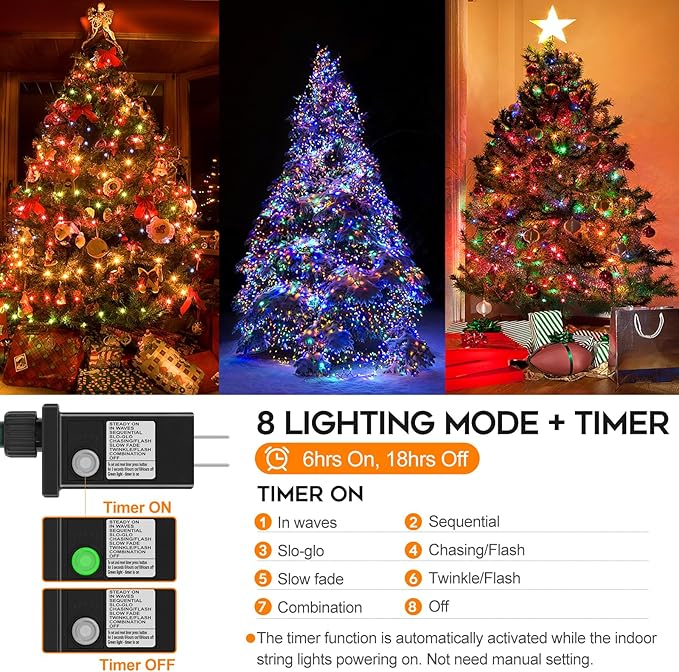 100 LED Christmas String Lights, 33 FT Connectable Waterproof String Lights Green Wire with Timer Memory Function & 8 Modes, for Indoor Outdoor Xmas Trees Party Garden, 33 FT Multicolor