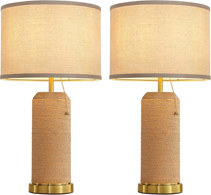 Modern Rattan Table Lamps Set of 2-22.4" Boho Nightstand Bedside Lamp for Bedroom Living Room Vintage End Table Lamps