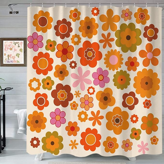Retro Flowers Shower Curtain, Groovy Brown Orange Sun Flower Vintage 70s Fabric Shower Curtains Set for Bathroom Funky Hippie 1970 Boho Yellow Floral Decoration with Hooks 72 X 72 inch Bath Decor