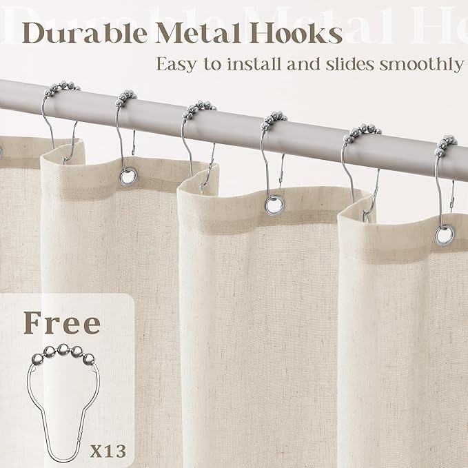 Beige Linen Shower Curtain Neutral Shower Curtains for Bathroom Decor Flax Textured Bath Drapes Boho Farmhouse Rustic Shabby Chic Country Bathroom Tan Beige Drapes with Hooks, 72x72
