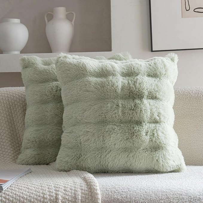 Neelvin Green Faux Fur Cozy Soft Double-Sided Decorative Throw Pillow Covers 16x16 inch Set of 2,Velvet Pillowcase Cushion Case for Sofa Couch