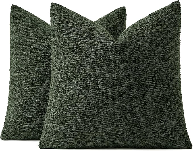 MIULEE 24x24 Christmas Decorative Euro Sham Throw Pillows for Bed Set of 2 Textured Boucle Neutral Winter Throw Pillow Covers Dark Green Accent Solid Couch Pillowcase Sofa Livingroom Home Decor
