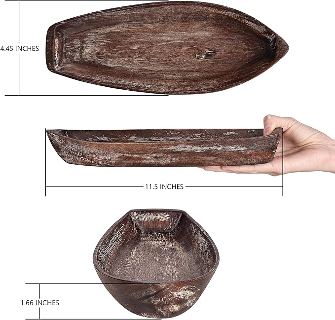 Rustic Small Wooden Serving Tray, Boat Shape Decorative Tray Vintage Centerpiece, Farmhouse Rustic Trays, Key Tray, Decorative Platter for Countertop Home Decorations- Distressed Brown。(Size S)