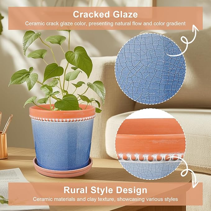 6 Inch Plant Pots, Ceramic Pots for Plants with Drainage Hole and Saucer,Modern Flower Pots Indoor/Outdoor Pot for Plants,Set of 2 - Crackle Glaze Blue