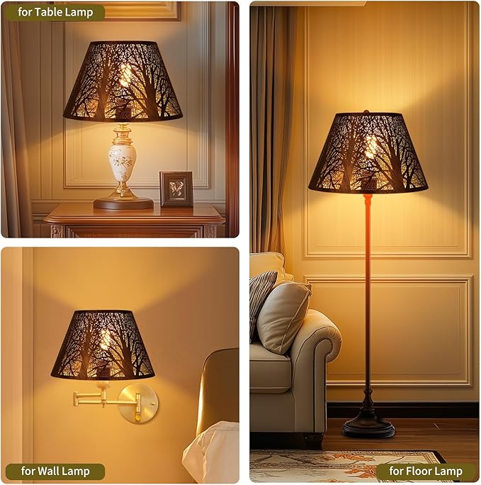 Metal Lamp Shade, ALUCSET Barrel Lampshade with Pattern of Trees Lampshades for Table Lamp, Metal Lamp Shades 7" Top x 13" Bottom x 7.8" High Spider Fitter, Bronze Gold