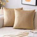 EMEMA Pack of 2 Velvet Throw Pillow Covers Decorative Square Pillowcase Soft Solid Cushion Case for Sofa Bedroom Chair Car 18x18 Inch Khaki