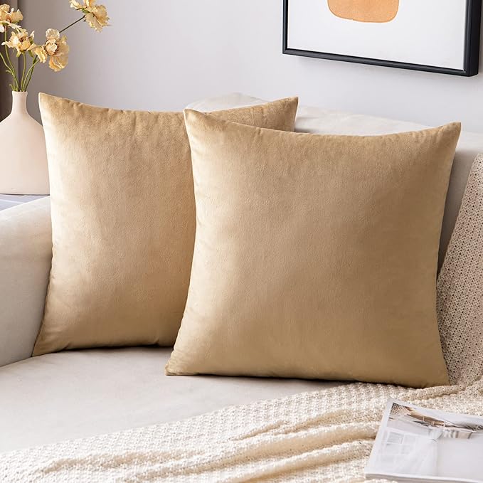EMEMA Pack of 2 Velvet Throw Pillow Covers Decorative Square Pillowcase Soft Solid Cushion Case for Sofa Bedroom Chair Car 18x18 Inch Khaki