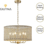 20" Rattan Hand-Woven Boho Chandelier for Dining Room, 6-Light Rattan Drum Wicker Farmhouse Large Vintage Chandelier Pendant Light Fixture for Kitchen Island Entryway(Gold)