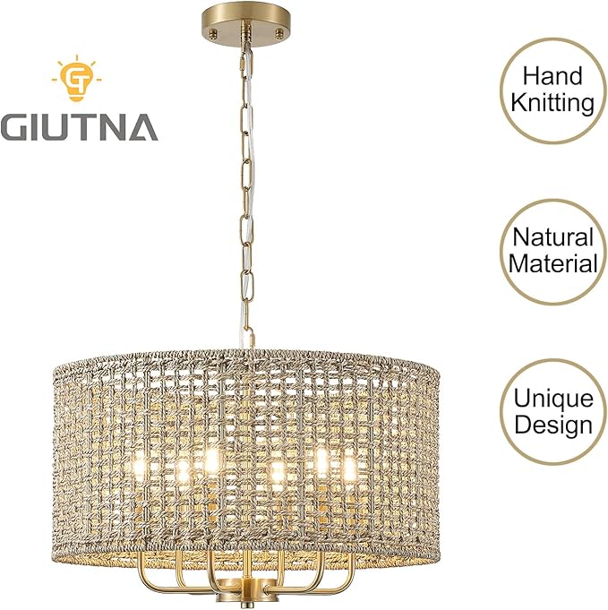 20" Rattan Hand-Woven Boho Chandelier for Dining Room, 6-Light Rattan Drum Wicker Farmhouse Large Vintage Chandelier Pendant Light Fixture for Kitchen Island Entryway(Gold)