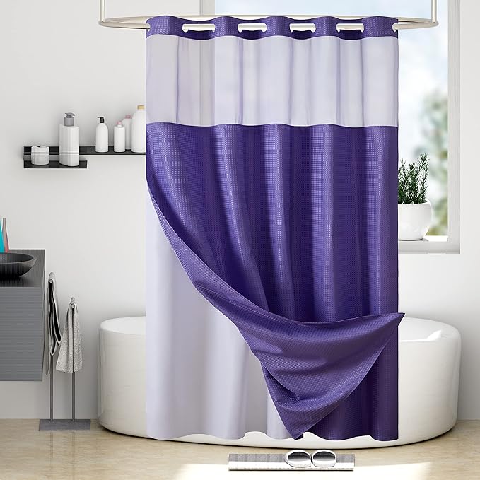 Furlinic Waffle Weave No Hook Shower Curtain with Snap in Liner,Honeycomb Textured Bathroom Curtains with See Through Top Window,Waterproof & Machine Washable,Hotel Quality,Purple,71x84 Inch
