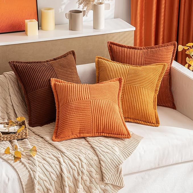 MIULEE Orange Fall Decorative Throw Pillow Covers for Couch Bed Livingroom 18x18 Inch Set of 2 Boho Accent Throw Pllows Broadside Striped Patchwork Soft Corduroy Pillowcases