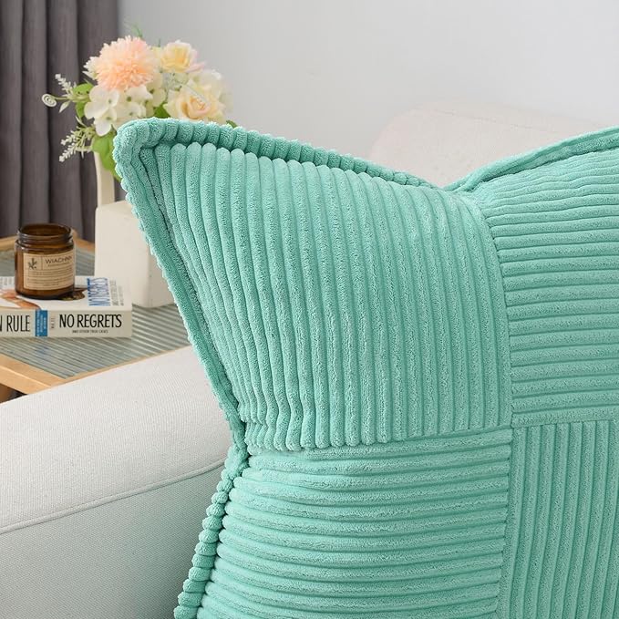 HAUSSY Turquoise Decorative Throw Pillow Covers 24x24 Inch Set of 2,Soft Solid Corduroy Striped Cushion Case,Square Euro Pillow Shams,Winter Home Decorations for Couch,Bed