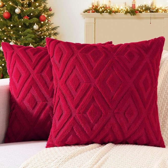 decorUhome Christmas Couch Throw Pillow Covers 24x24 Set of 2, Decorative Soft Plush Faux Wool Neutral Accent Pillow Covers for Bed Sofa Living Room, Red