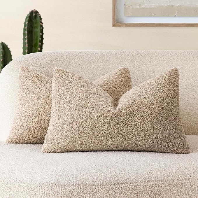 Foindtower Pack of 2, Curly Faux Fur Decorative Throw Pillow Covers Soft Fuzzy Plush Cushion Case with Zipper Cozy Pillowcase for Home Living Room Couch Bed Sofa 12 x 20 Inch,Taupe Khaki Camel