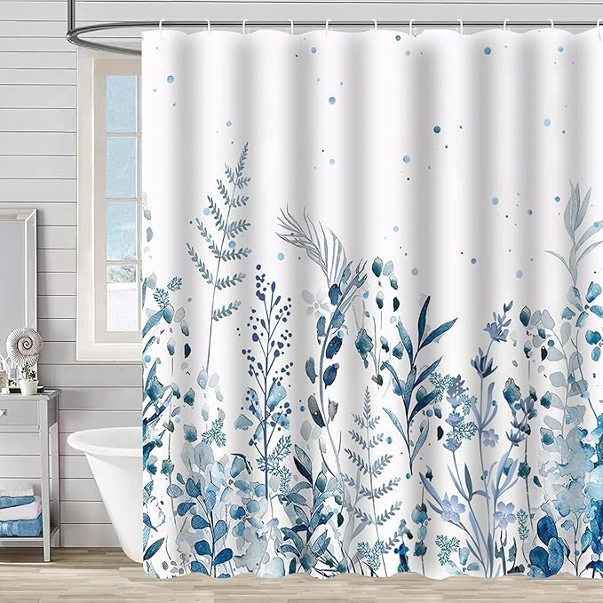 Blue Eucalyptus Leaves Shower Curtain Watercolor Leaves Plant with Floral Shower Curtains for Bathroom Waterproof Polyester Fabric Bath Curtain 72 x 72 Inch with 12 Hooks