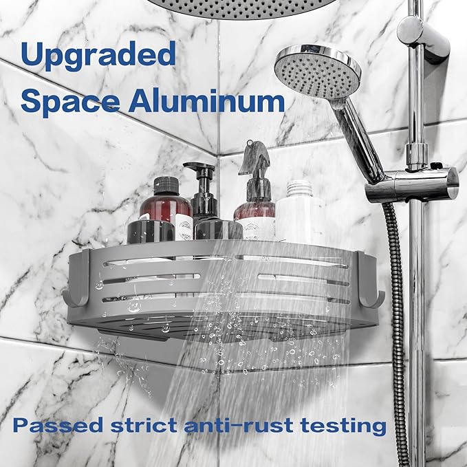 Corner Shower Caddy - 2 Pack Adhesive Shower Caddy Shelf Organizer Corner with Hooks, Rustproof Stainless Steel Bath Organizers Shower Shelf No Drilling Shelves for Bathroom Storage, Grey