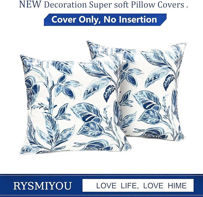 Decorative Throw Pillow Covers Set of 2 Blue Leaves Pillow Covers 20x20 inch Super Soft Short Plush Square Floral Throw Pillows,Farmhouse Outdoor Pillow Covers for Couch Bed Living Room