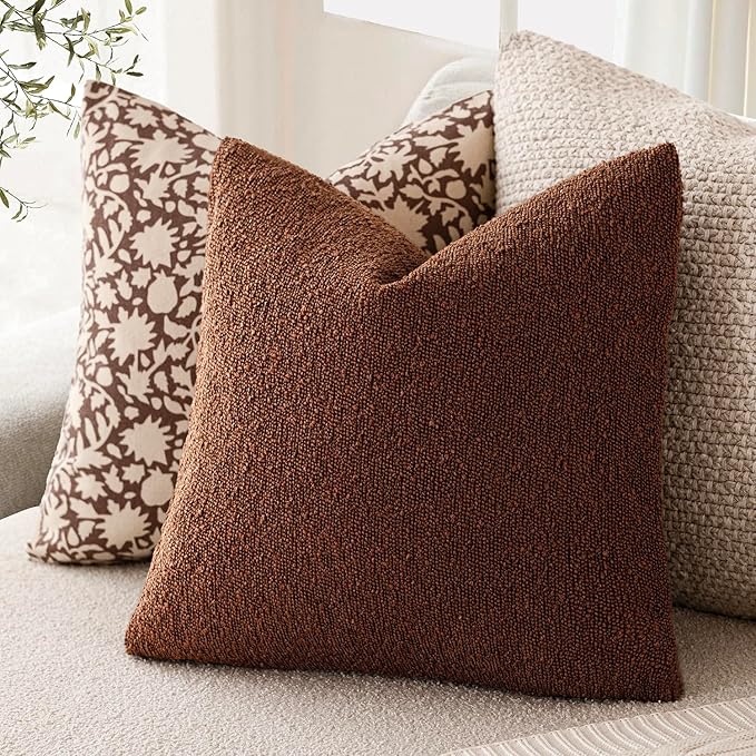 Foindtower Set of 2, Decorative Textured Boucle Throw Pillow Covers Accent Solid Pillow Cases Neutral Soft Cozy Couch Cushion Case for Chair Sofa Bedroom Living Room Home Decor 16x16 Inch Red Taupe