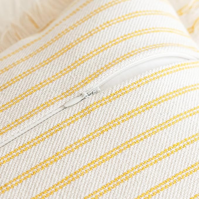 Throw Pillow Covers 22x22 Set of 2 Striped Fringe Pillow Cover Farmhouse Cushion Covers with Tassel Neutral Boho Pillows Decorative Square Pillowcase for Couch Sofa Bed, Yellow