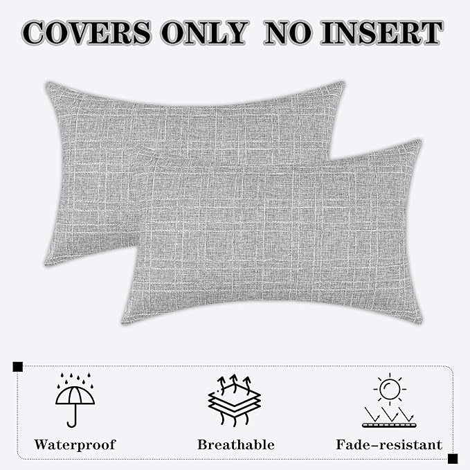 Kevin Textile Pack of 2 Outdoor Waterproof Throw Pillow Covers Decorative Square Outdoor Checkered Pillows Cushion Case Patio Pillows for Couch 12x20 inches 30x50 cm Grey