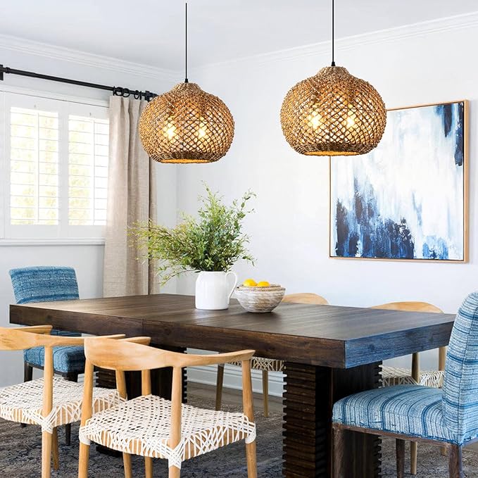 13.79" Rattan Pendant Light Fixture,Farmhouse 2-Light Kitchen Island Ceiling Hanging Lighting Wicker Hand Woven Chandelier,for Bedroom, Dining Room, Entryway, Foyer
