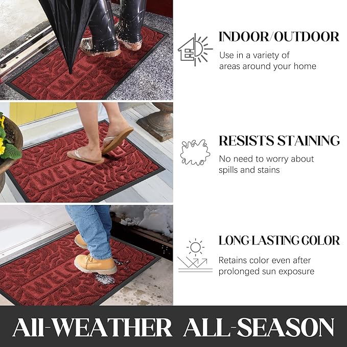 Yimobra Welcome Mat Outdoor 29.5x17, Waterproof Non-Slip Outdoor Mats for Front Door Outside Entrance, Low-Profile Entryway Mat Indoor for Garage Patio, Wine Red