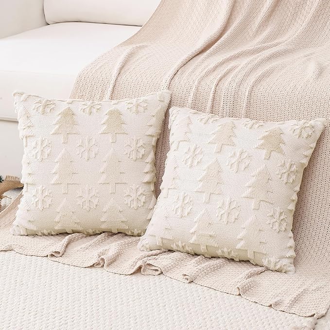 OTOSTAR Set of 2 Xmas Soft Plush Short Wool Velvet Decorative Throw Pillow Covers Square Luxury Style Cushion Case Pillow Shell for Sofa Bedroom Tree and Snowflake Cream Beige, 22x22 Inch