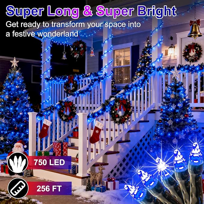 750 LED 256ft Outdoor Christmas Lights, Super Long String Lights 8 Modes Timer Memory, Outsite Waterproof Dark Green Wire Fairy Light Strings for Xmas Tree Wedding Holiday Party Decorations Blue