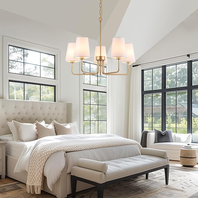 AMZASA Farmhouse Chandelier, 5-Lights Visual Comfort Gold Light, Muted Gold with White Fabric Shade, Linear Island Lighting Fixture for Kitchen, Dining Room