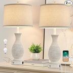 28" Rustic Farmhouse Table Lamps for Living Room Set of 2 Bedroom Lamps for Nightstand with USB A+C Charging Ports, 3-Way Dimmable Touch Bedside Lamp, Off-White, Linen Lampshade, LED Bulbs Included